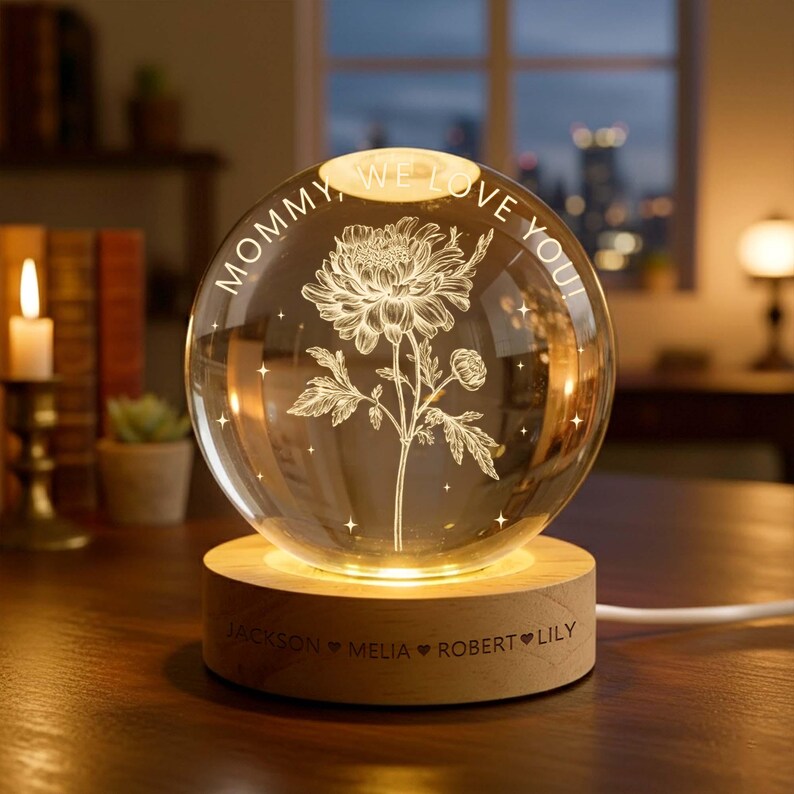 Personalized Birth Month Flower Crystal Ball Night Light, Custom Mother's Day Gift, Birthday Mom Gifts from Daughters, Sons