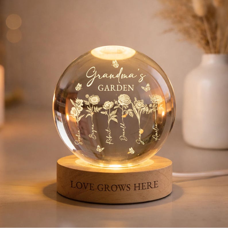 Grandma’s Garden Personalized Birth Flowers Crystal Ball Night Light – Perfect Mother’s Day Gift for Mom from Daughter | Custom LED Crystal Globe with Family Names