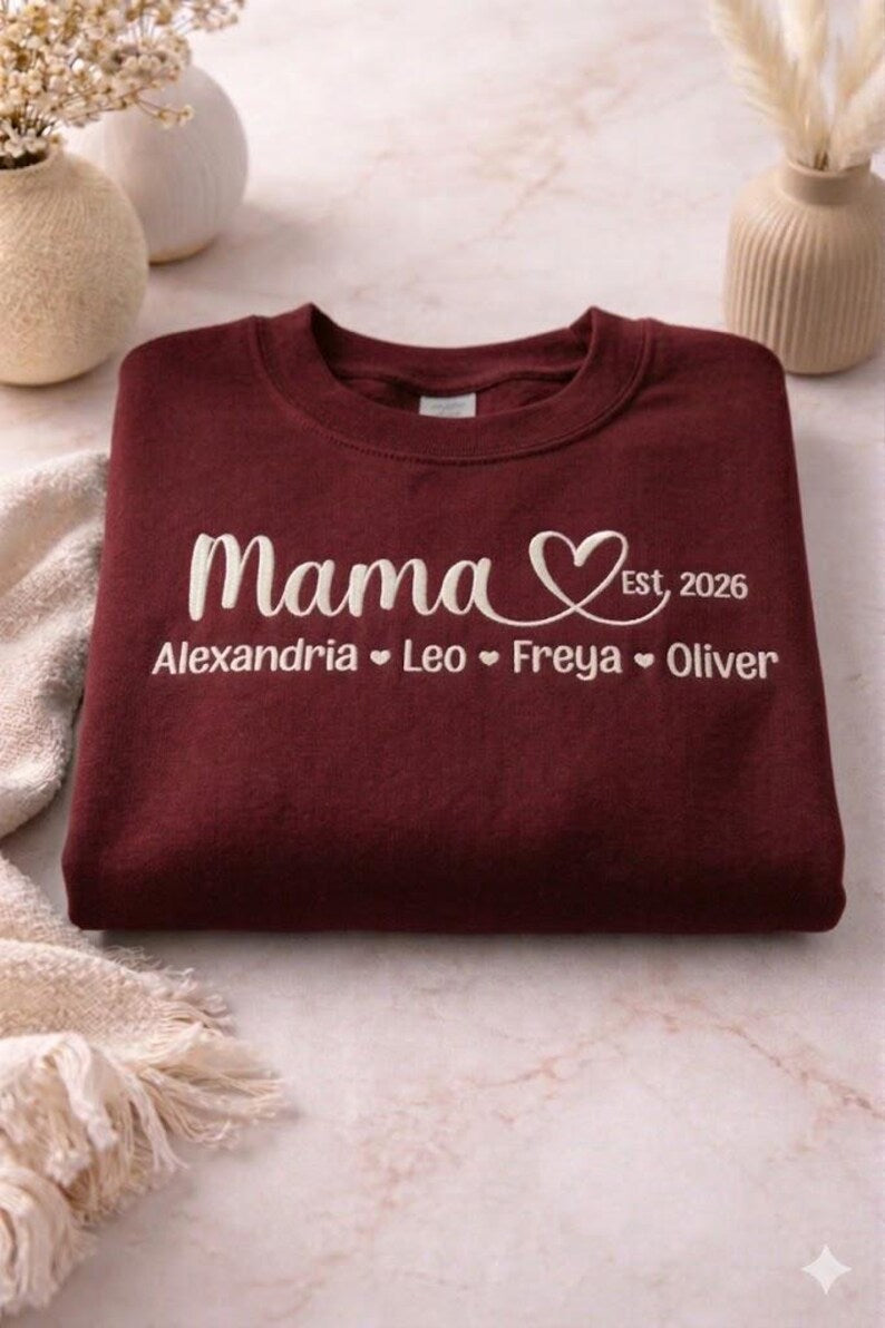 Custom Embroidered Mama Shirt, Name on Sleeve Tee, Grandma Gift, Mother’s Day Gift