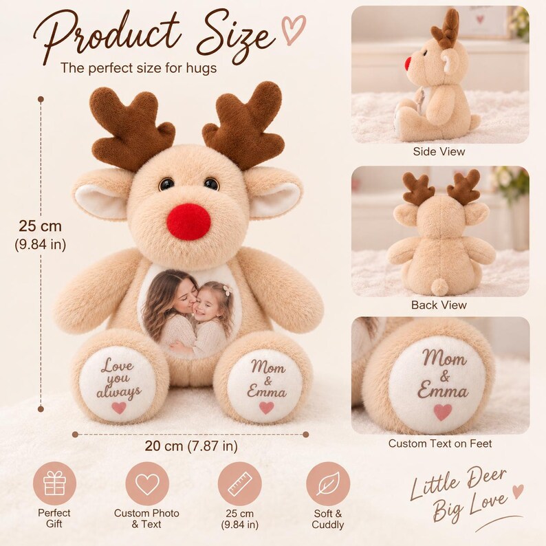 Personalized Reindeer Plush,Christmas Gift,Custom Photo Stuffed Animal, Couples Keepsake Gift, Girlfriend Gift, Anniversary Gift