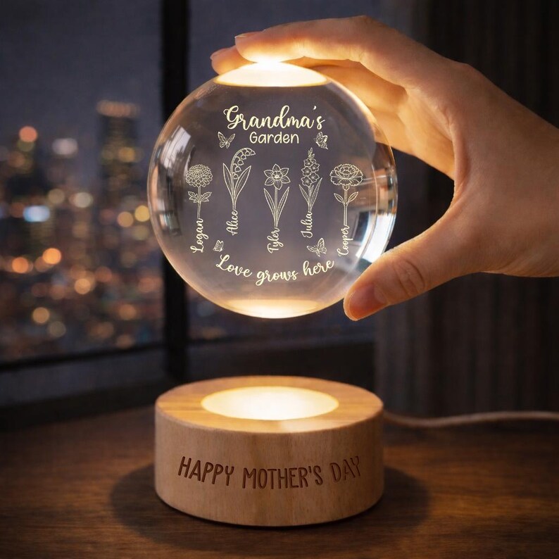 Getfamilygifts™ Grandma Garden Crystal Ball Night Light – Mother’s Day Gifts for Grandma | Custom Grandkids' Names &amp; Birth Month Flower Keepsake