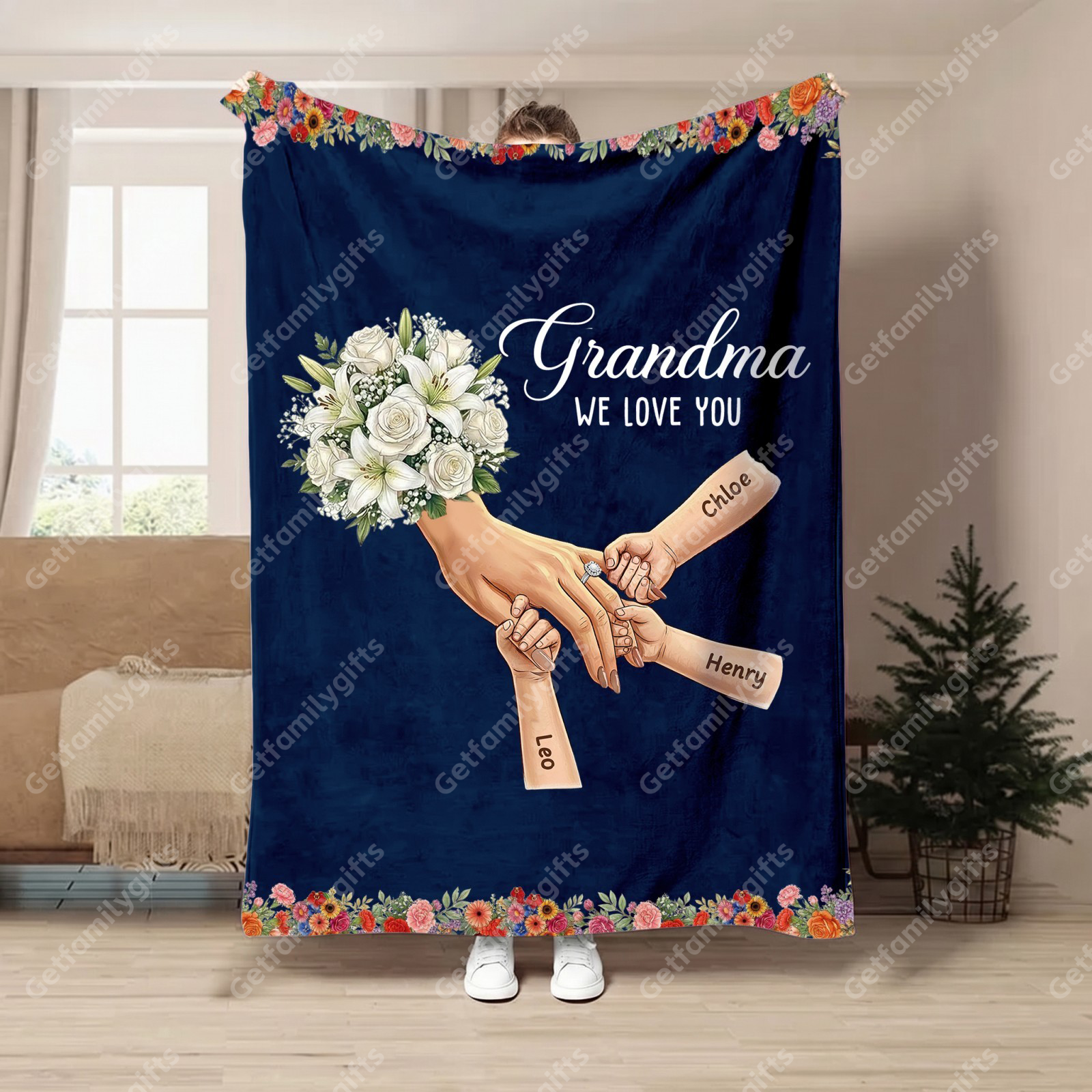 Personalized Mommy Holding Hands Blanket with Ring & Manicure-Mother's Day Gift