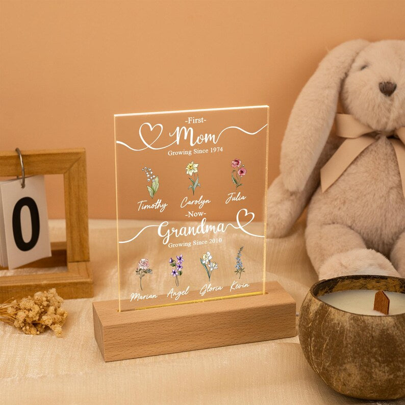 Custom First Mom Now Grandma Night Light,Personalised Birth Month Flower Lamp With Kids Names
