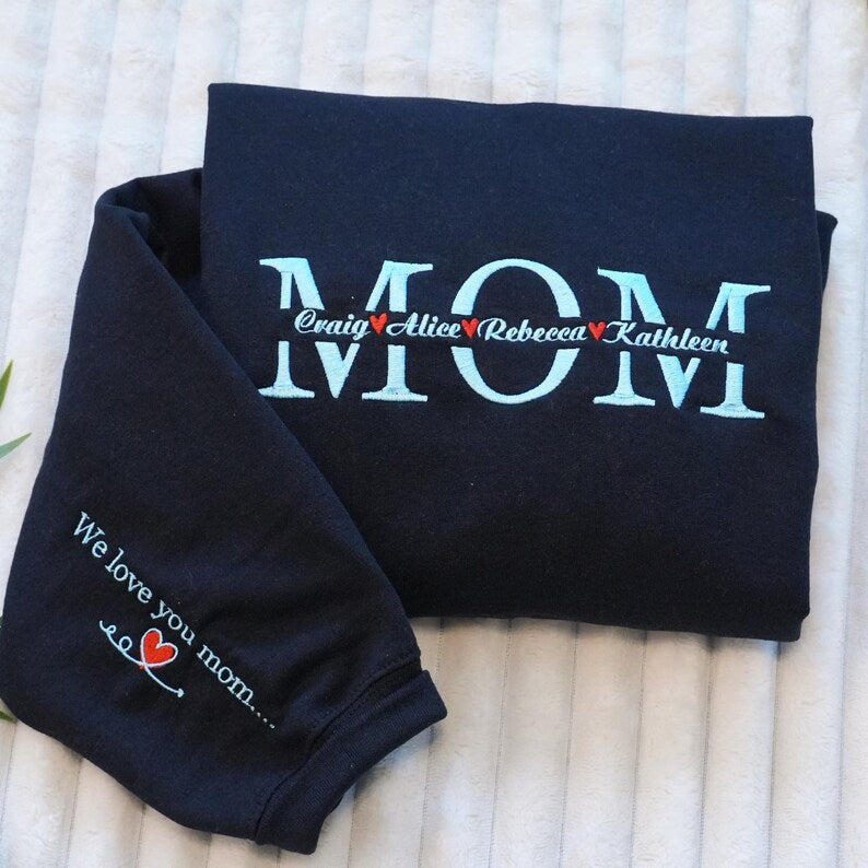 Custom Mom Embroidered Sweatshirt - Personalized Mama Crewneck with Kids Names, Mothers Day Gift Ideas
