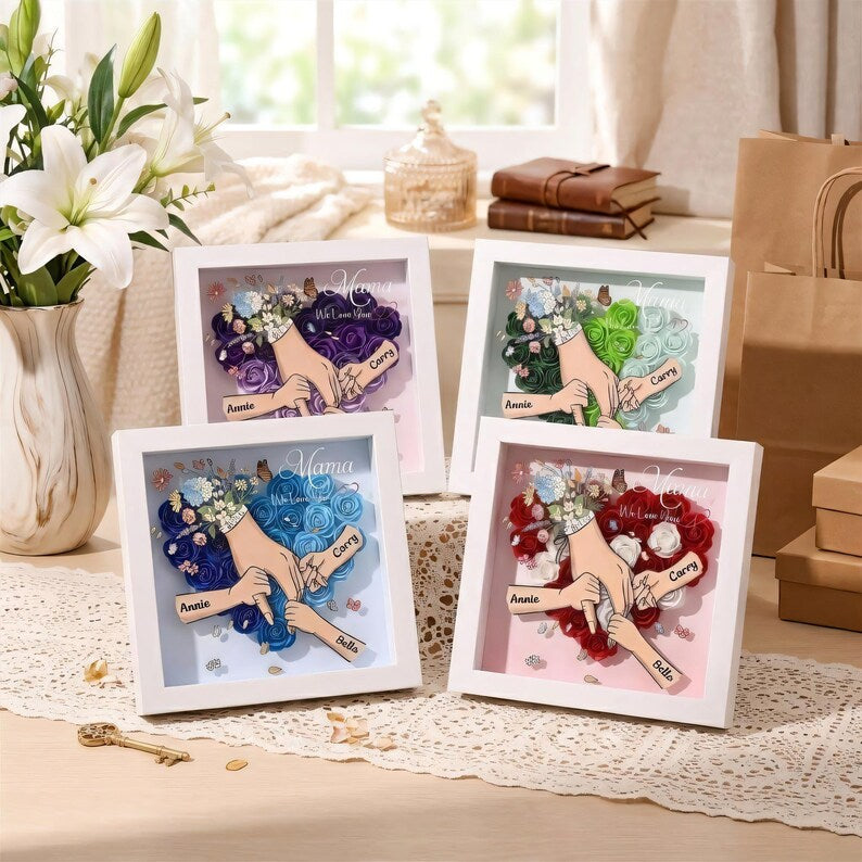 Personalised Rose Heart Hand Holding Flower Shadow Box With Kids Names Gift For Mother’S Day Gift