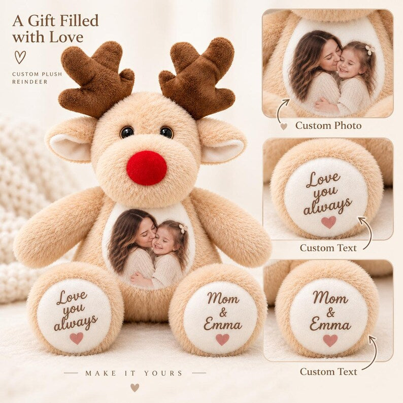 Personalized Reindeer Plush,Christmas Gift,Custom Photo Stuffed Animal, Couples Keepsake Gift, Girlfriend Gift, Anniversary Gift