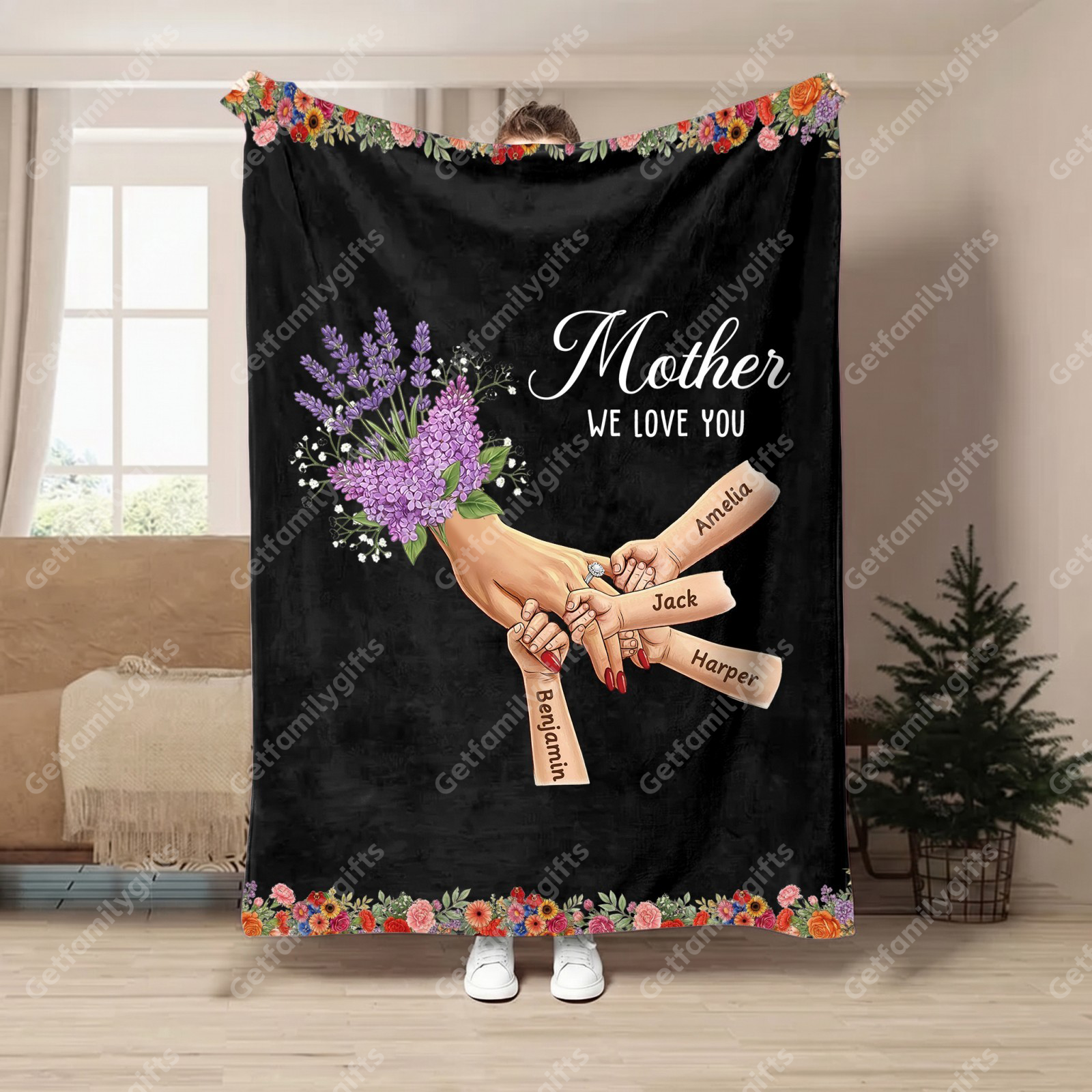 Personalized Mommy Holding Hands Blanket with Ring & Manicure-Mother's Day Gift
