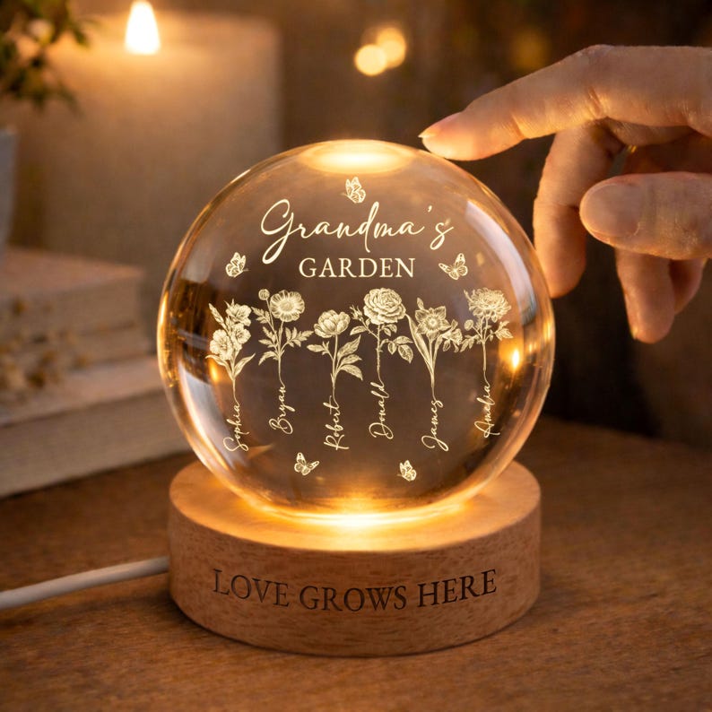 Grandma’s Garden Personalized Birth Flowers Crystal Ball Night Light – Perfect Mother’s Day Gift for Mom from Daughter | Custom LED Crystal Globe with Family Names