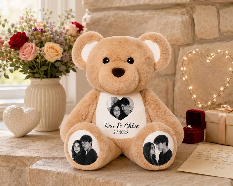 Personalized Photo Teddy Bear, Custom Couple Memory Plush, Anniversary Valentine Gift , Long Distance Relationship Keepsake