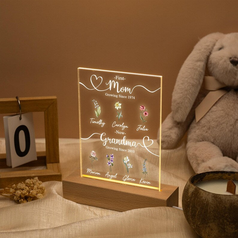 Custom First Mom Now Grandma Night Light,Personalised Birth Month Flower Lamp With Kids Names