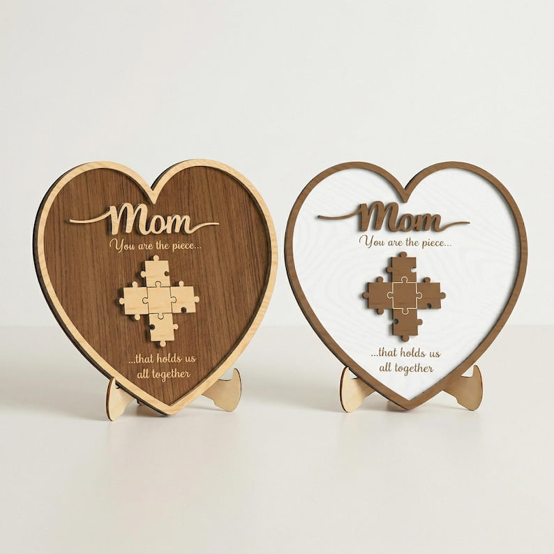 Personalized Heart Puzzle Sign: Mom's Family Name Keepsake, Custom Wood Decor