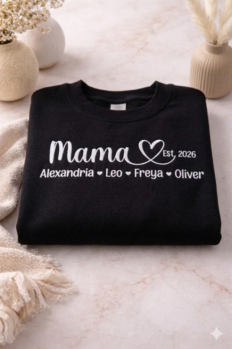 Custom Embroidered Mama Shirt, Name on Sleeve Tee, Grandma Gift, Mother’s Day Gift