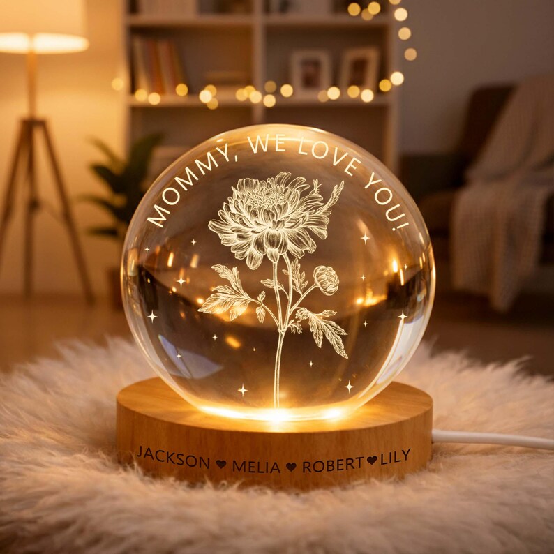 Personalized Birth Month Flower Crystal Ball Night Light, Custom Mother's Day Gift, Birthday Mom Gifts from Daughters, Sons