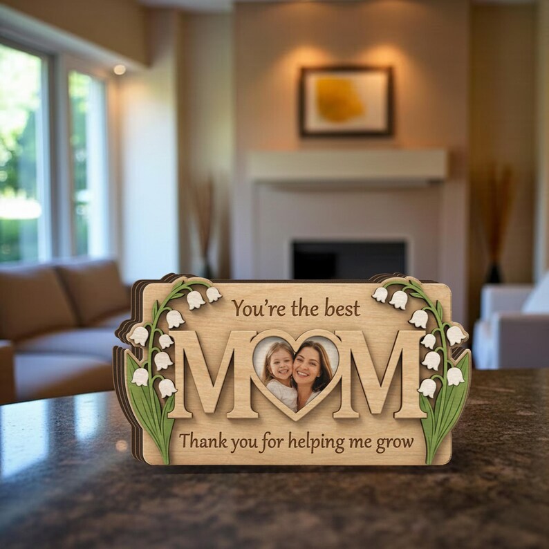 Personalized Mom Photo Wooden Block: Custom Birth Flower Sign, Mothers Day Gift