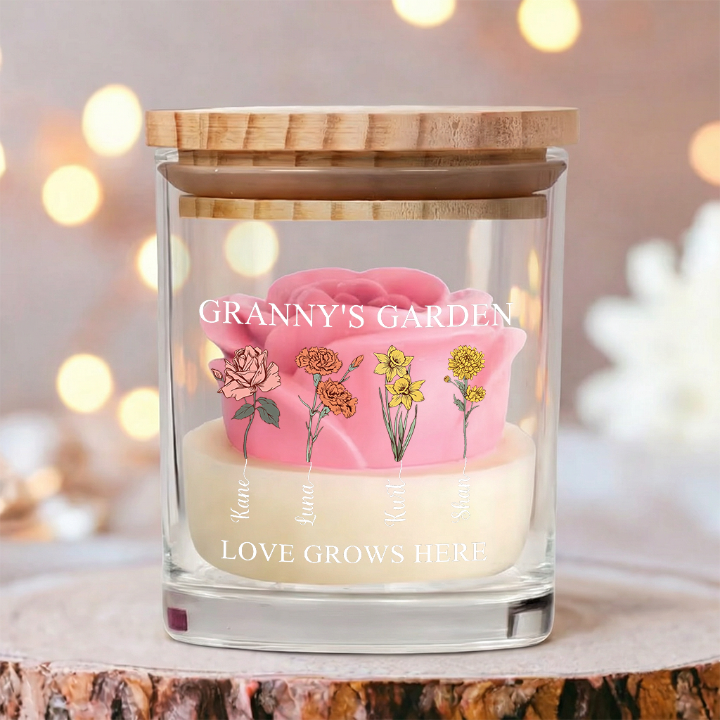 Personalized Birth Flower Soy Wax Candle – Custom Kids’ Names Gift for Mom, Mother’s Day Special