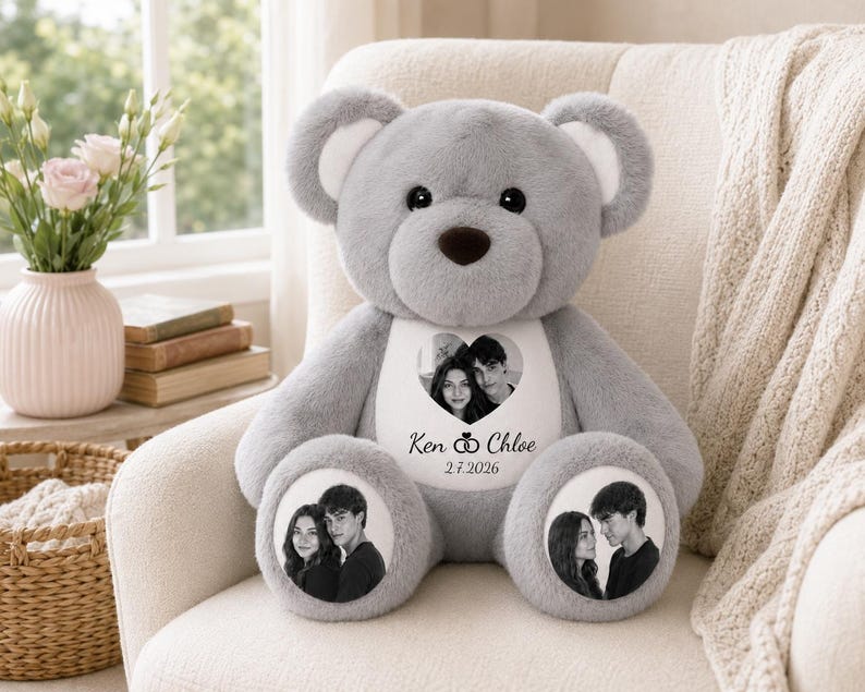 Personalized Photo Teddy Bear, Custom Couple Memory Plush, Anniversary Valentine Gift , Long Distance Relationship Keepsake
