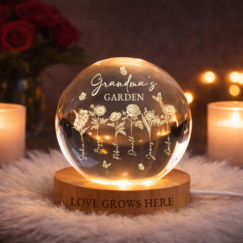 Grandma’s Garden Personalized Birth Flowers Crystal Ball Night Light – Perfect Mother’s Day Gift for Mom from Daughter | Custom LED Crystal Globe with Family Names