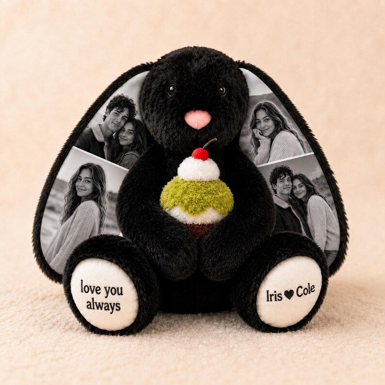 Personalized Photo Bunny Plush with Custom Paw Text-Custom Keepsake Gift for Couples, Family & Loved Ones