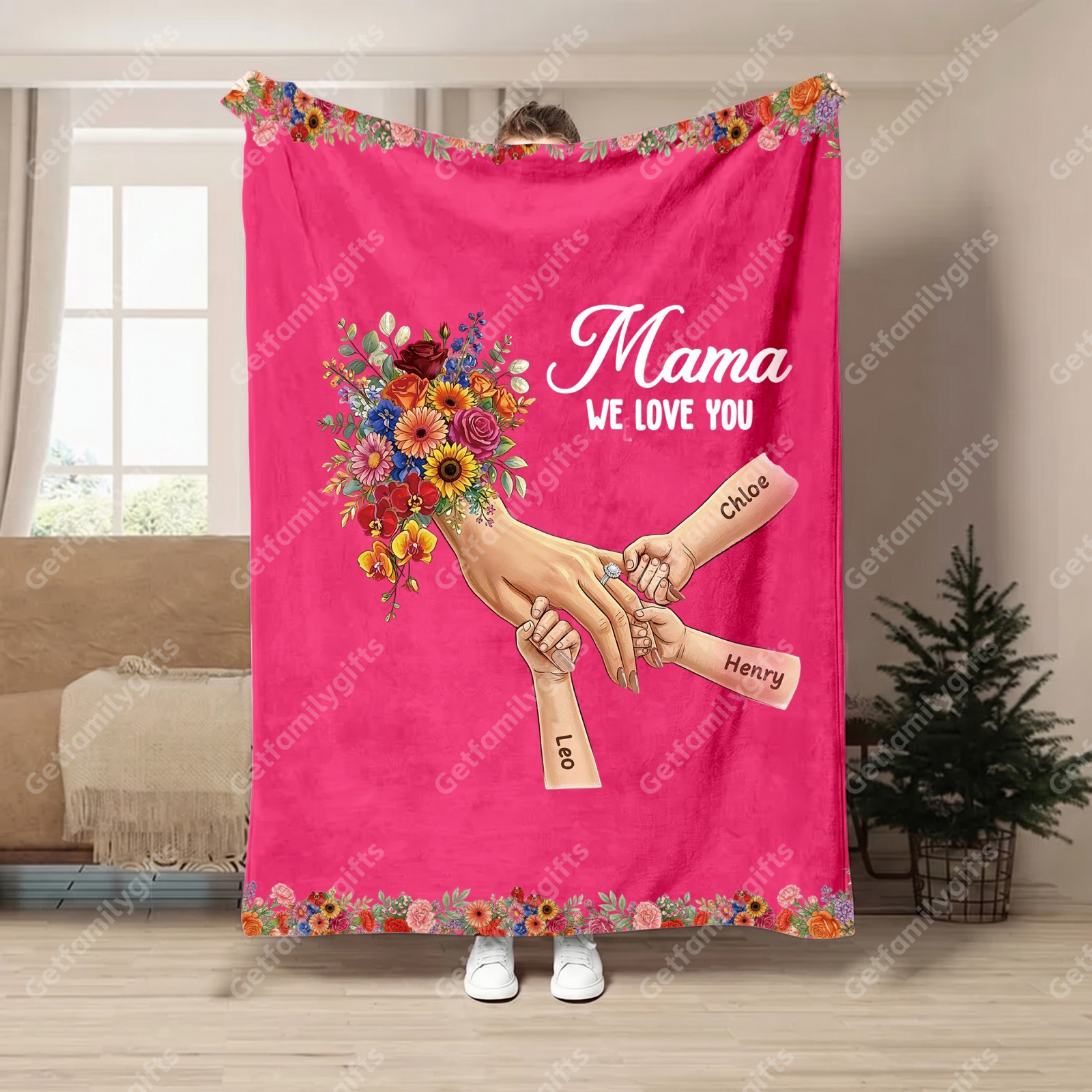 Personalized Mommy Holding Hands Blanket with Ring & Manicure-Mother's Day Gift