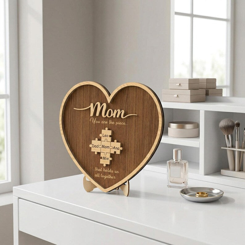 Personalized Heart Puzzle Sign: Mom's Family Name Keepsake, Custom Wood Decor