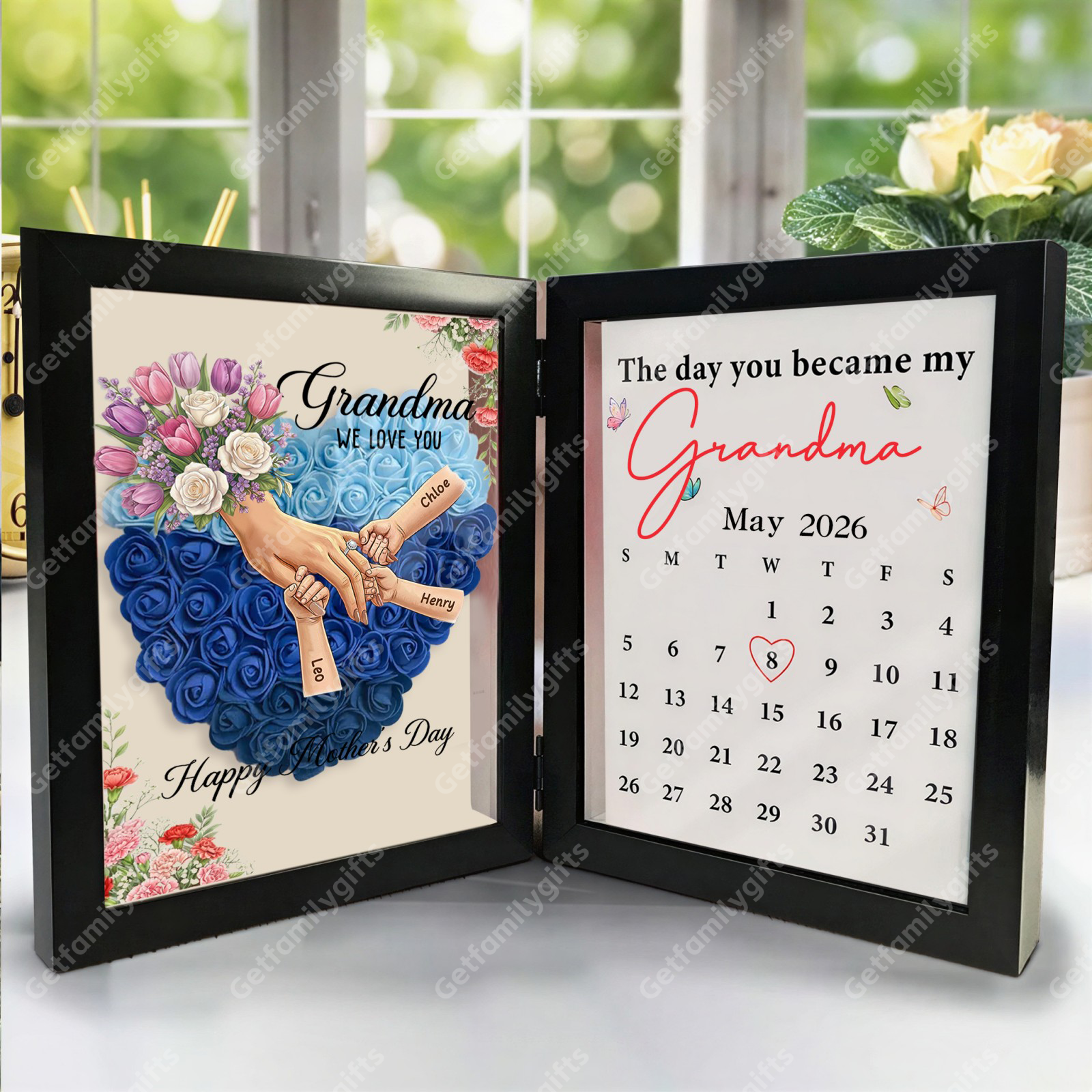 Personalized Mom Holding Hands Folding Flower Shadow Box with Calendar -Mother's Day Gift