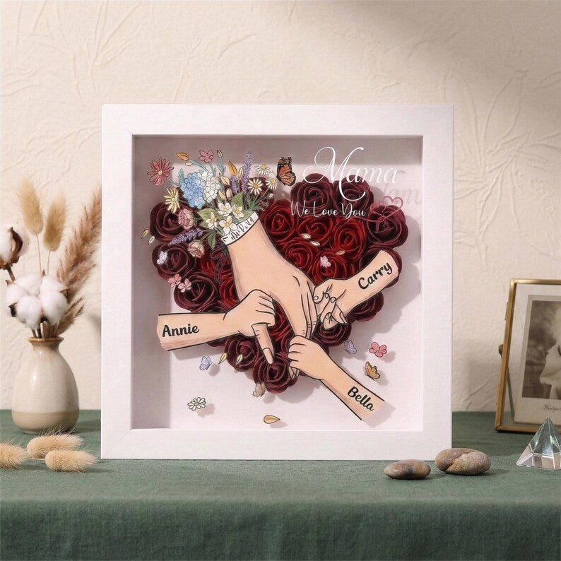 Personalised Rose Heart Hand Holding Flower Shadow Box With Kids Names Gift For Mother’S Day Gift