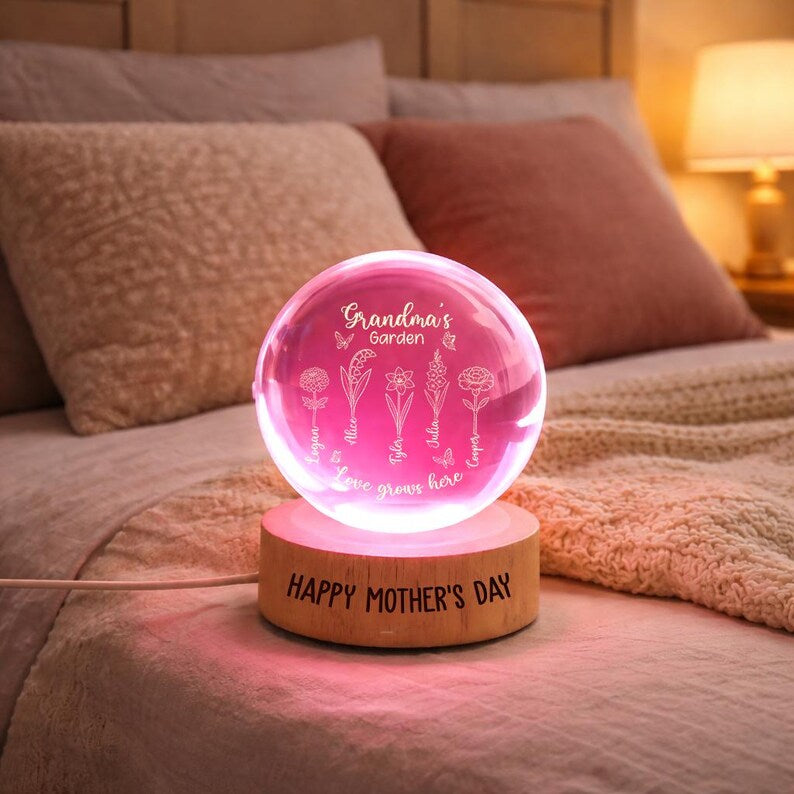 Getfamilygifts™ Grandma Garden Crystal Ball Night Light – Mother’s Day Gifts for Grandma | Custom Grandkids' Names &amp; Birth Month Flower Keepsake