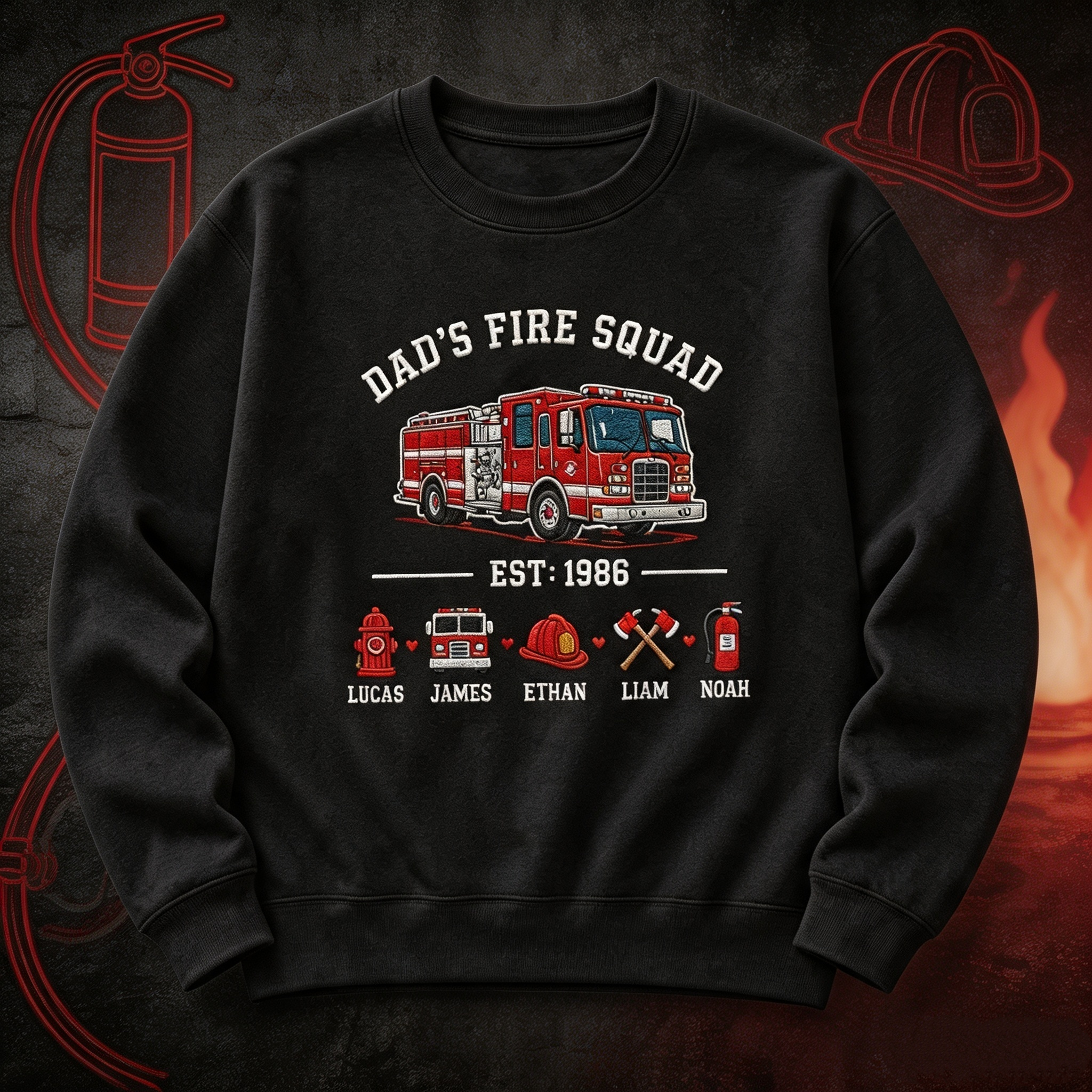 Dad's Fire Squad - Personalized Firefighter Dad Sweatshirt With His Little Heroes' Names