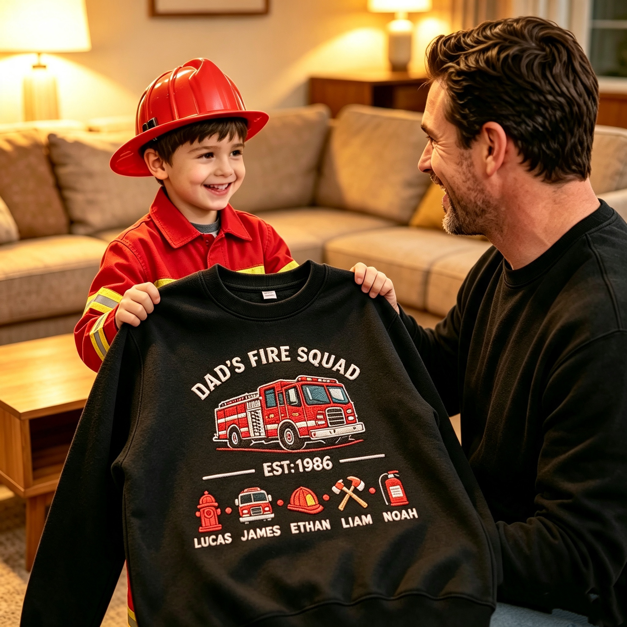 Dad's Fire Squad - Personalized Firefighter Dad Sweatshirt With His Little Heroes' Names