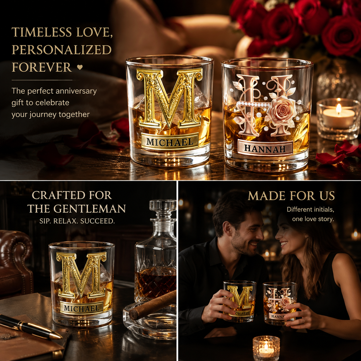 Roses Hold Love, Initials Mark Us - Personalized 10 oz Old Fashioned Rock Whiskey Glass