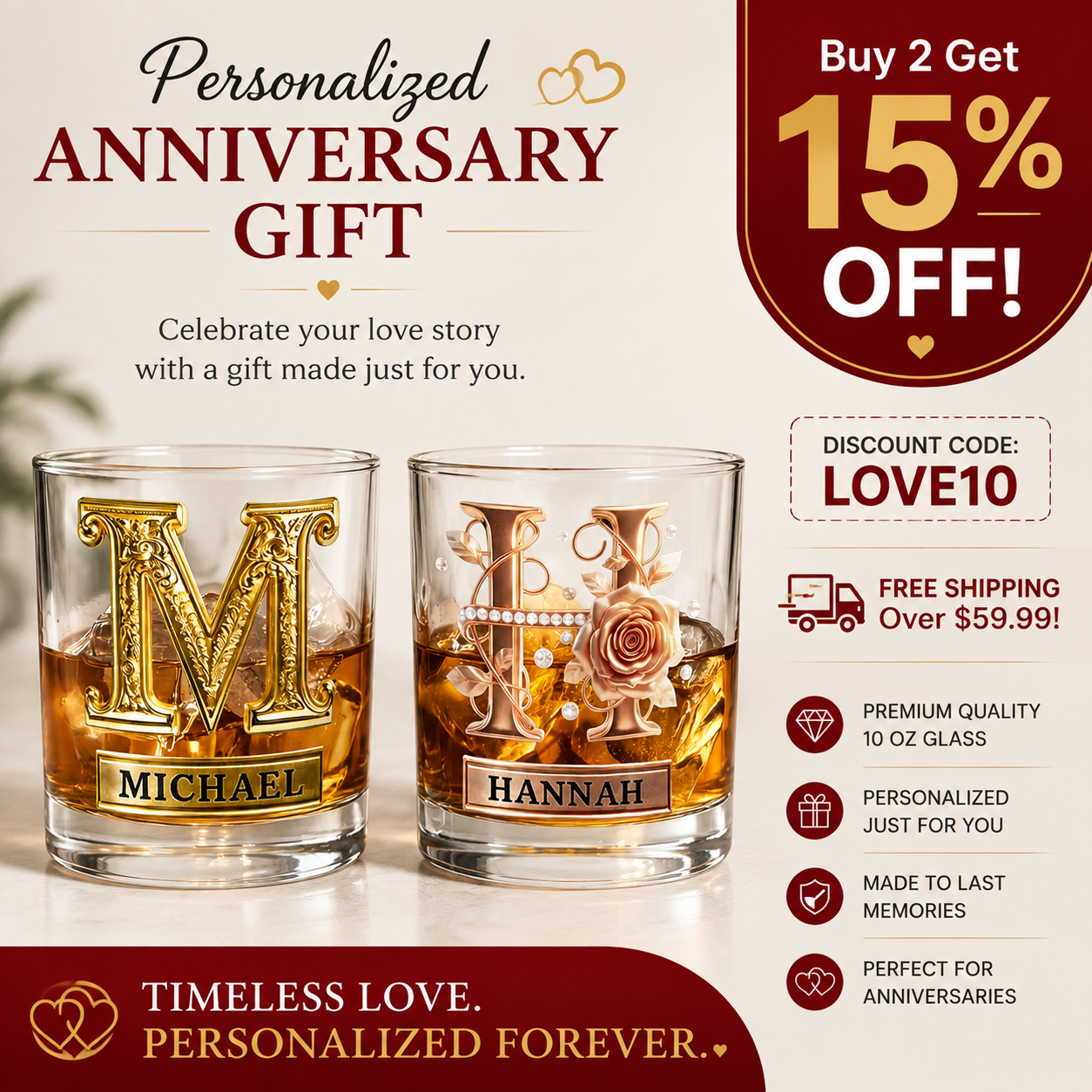 Roses Hold Love, Initials Mark Us - Personalized 10 oz Old Fashioned Rock Whiskey Glass