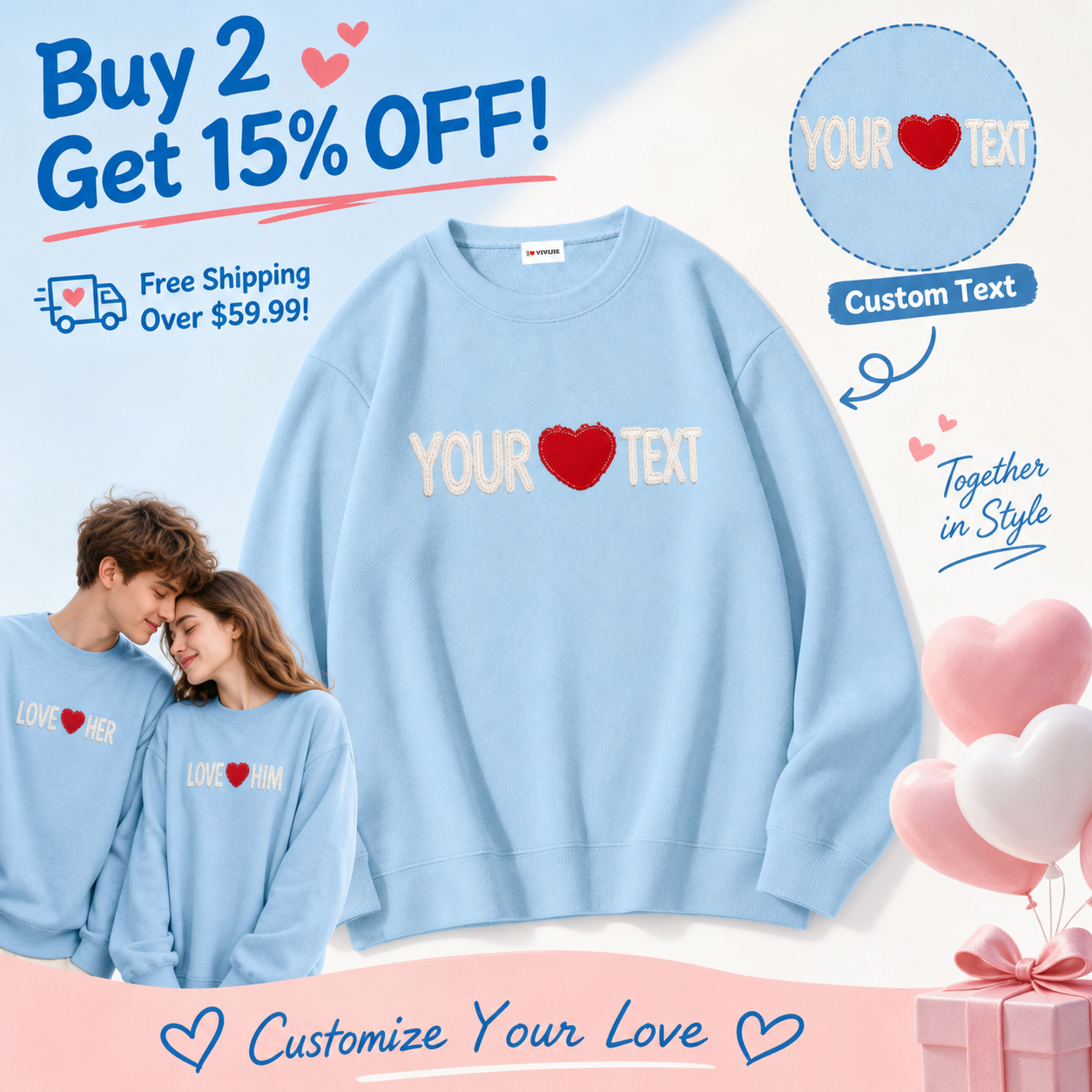 Custom Applique Couple Sweatshirt – Red Heart & Both Names Appliqued with Your Choice of Fabric, Personalized Gift for Boyfriend/Girlfriend, Anniversary Valentine's Day