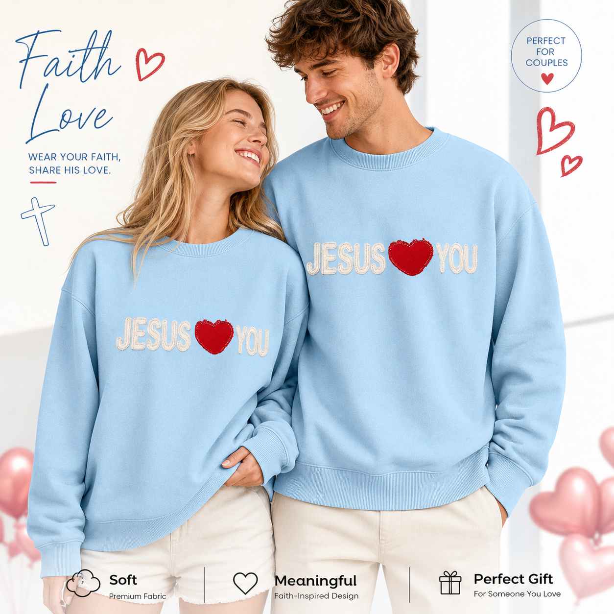 Custom Applique Couple Sweatshirt – Red Heart & Both Names Appliqued with Your Choice of Fabric, Personalized Gift for Boyfriend/Girlfriend, Anniversary Valentine's Day