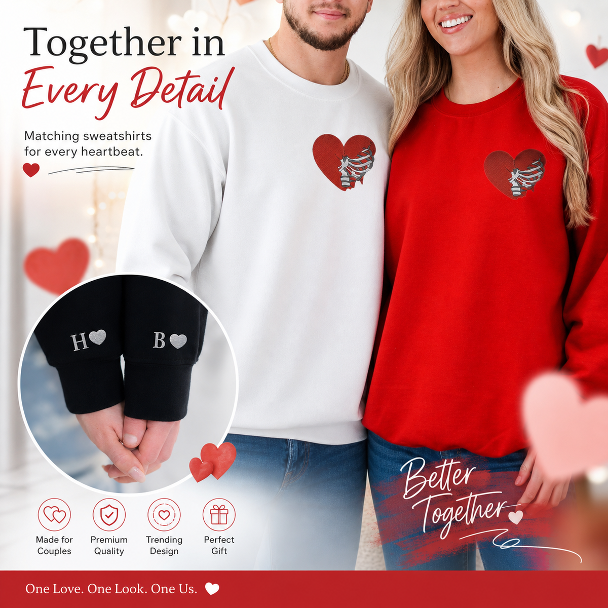Custom Matching Hoodies for Couples – Skeleton Rib Cage Heart Embroidered Sweatshirts with Initial & Heart on Sleeve, Personalized Anniversary/Birthday Gift for Him & Her