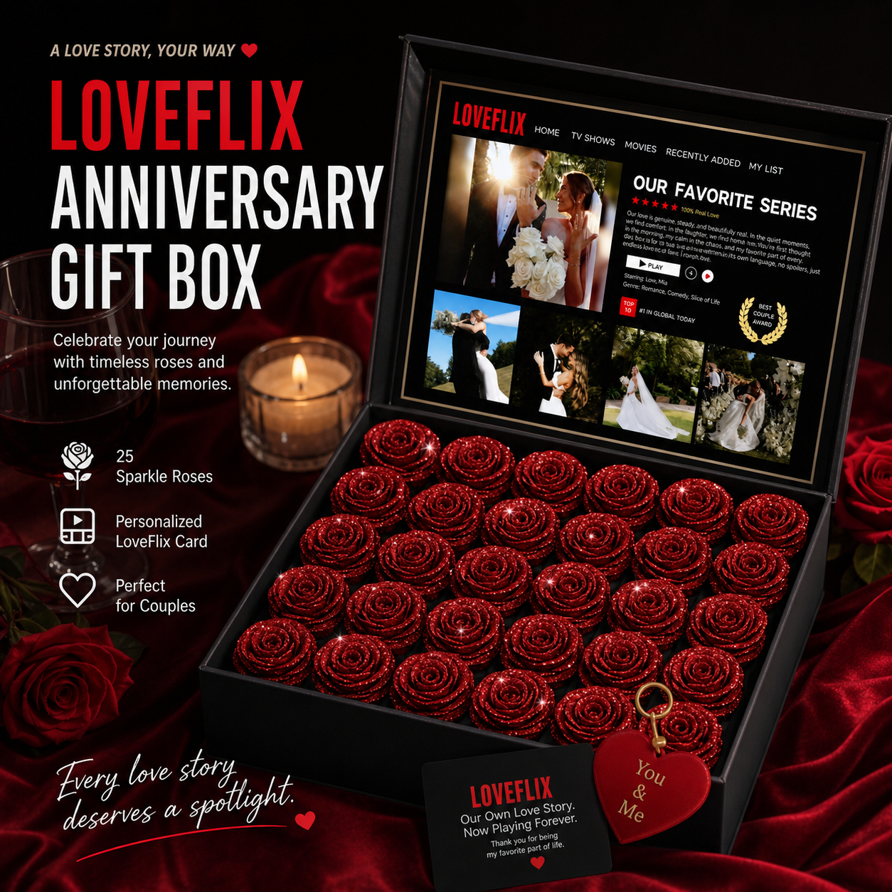 Custom LOVEFLIX Keepsake Box With Glitter Roses – Personalized Loveflix‑Style Couple Gifts