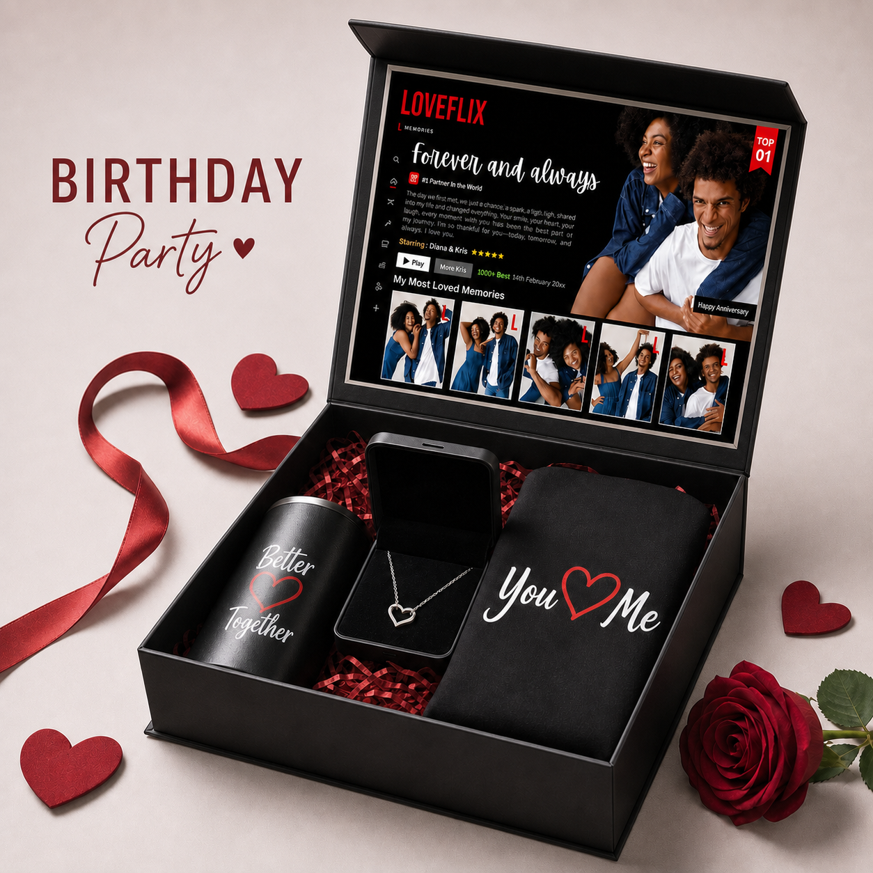 Custom LOVEFLIX Keepsake Box With Glitter Roses – Personalized Loveflix‑Style Couple Gifts