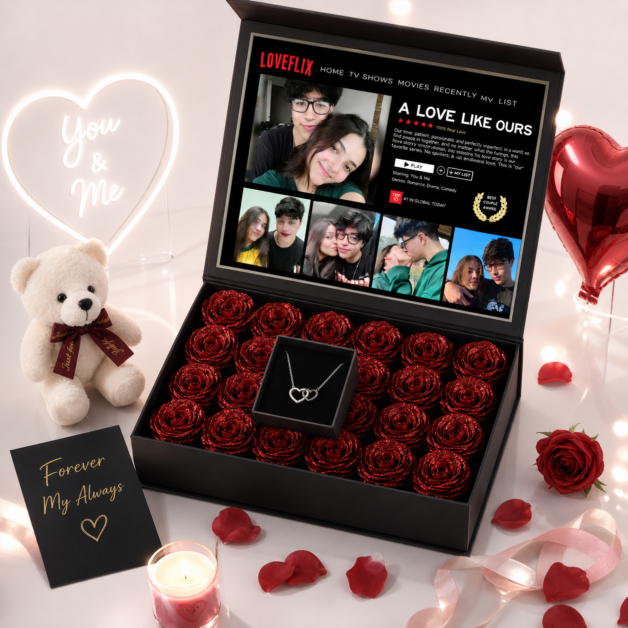 Custom LOVEFLIX Keepsake Box With Glitter Roses – Personalized Loveflix‑Style Couple Gifts