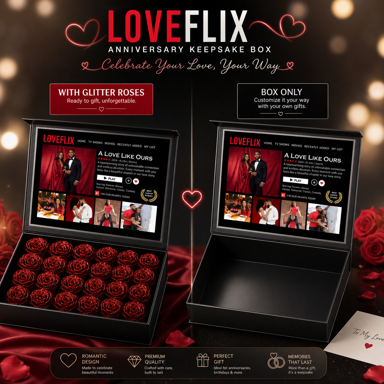 Custom LOVEFLIX Keepsake Box With Glitter Roses – Personalized Loveflix‑Style Couple Gifts