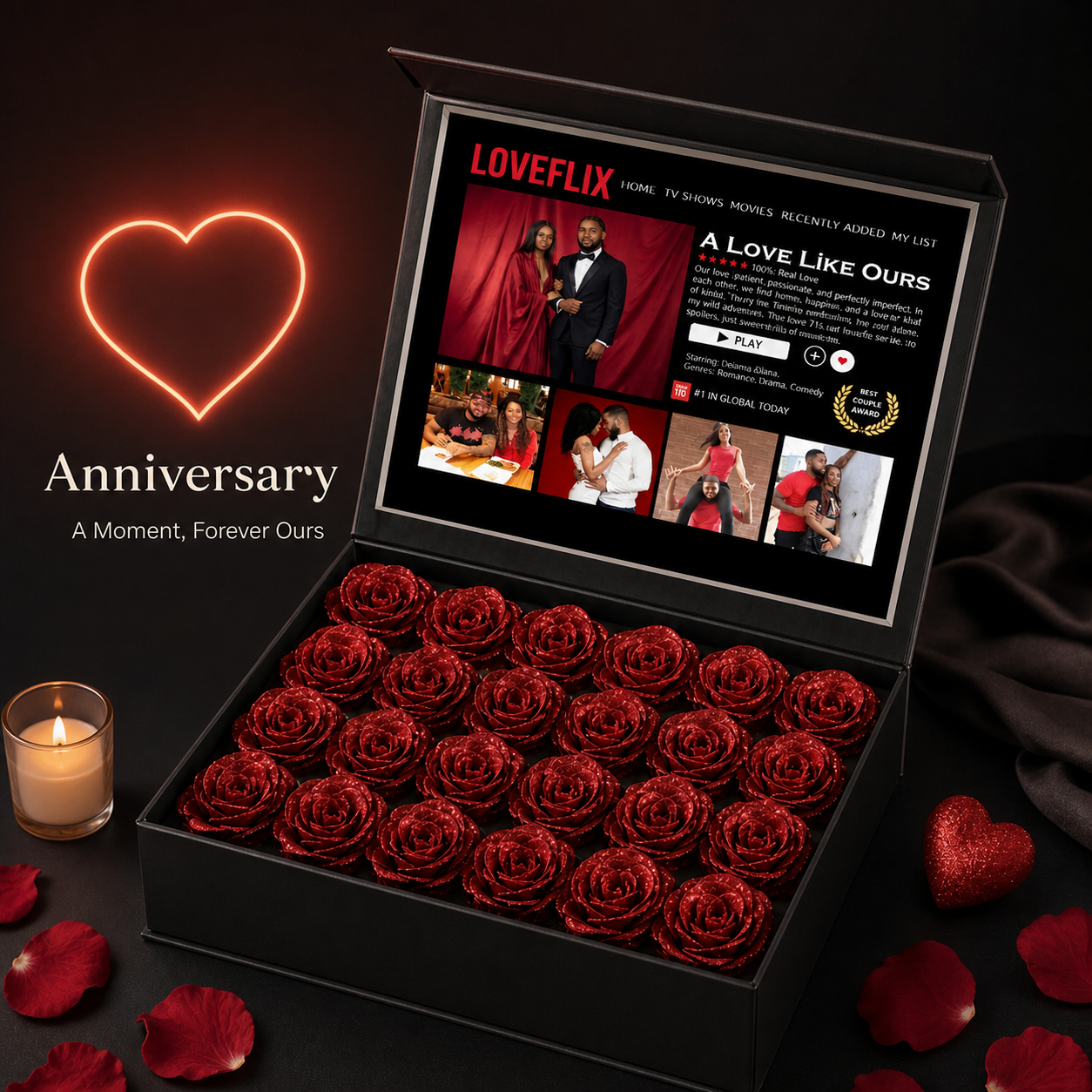 Custom LOVEFLIX Keepsake Box With Glitter Roses – Personalized Loveflix‑Style Couple Gifts