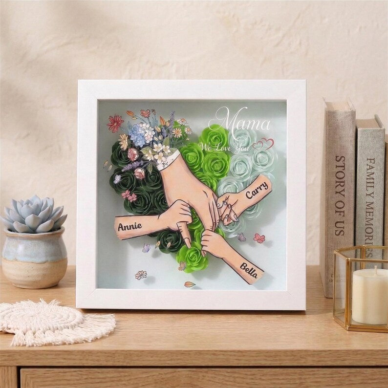 Personalised Rose Heart Hand Holding Flower Shadow Box With Kids Names Gift For Mother’S Day Gift