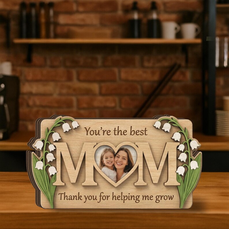 Personalized Mom Photo Wooden Block: Custom Birth Flower Sign, Mothers Day Gift