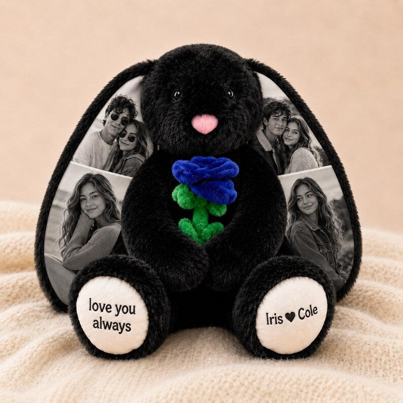 Personalized Photo Bunny Plush with Custom Paw Text-Custom Keepsake Gift for Couples, Family & Loved Ones