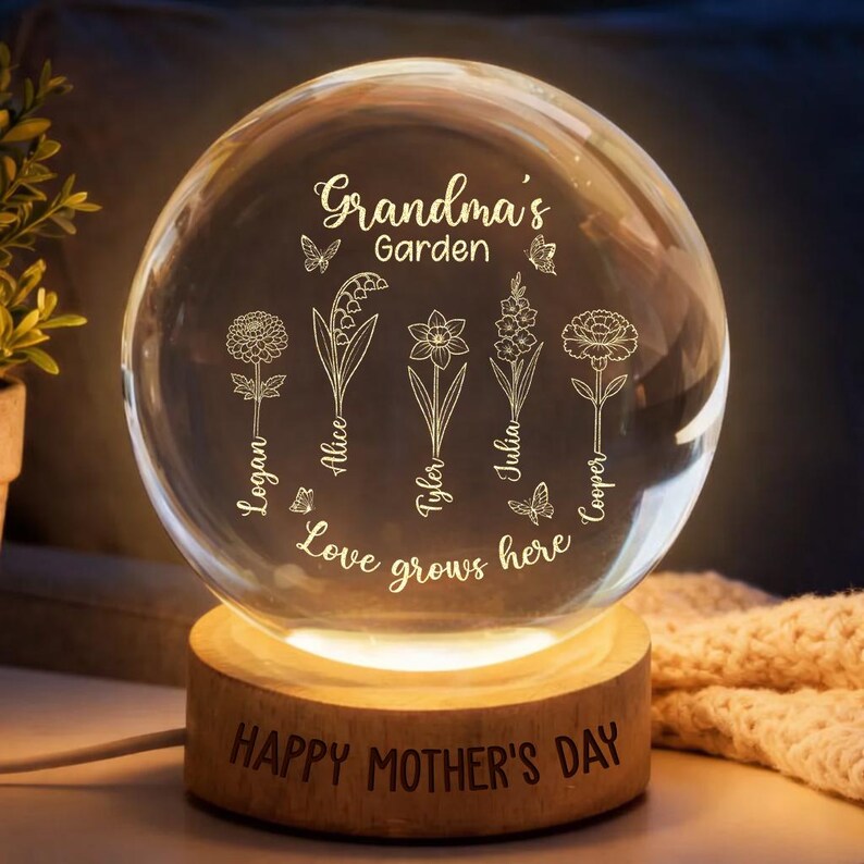 Getfamilygifts™ Grandma Garden Crystal Ball Night Light – Mother’s Day Gifts for Grandma | Custom Grandkids' Names &amp; Birth Month Flower Keepsake