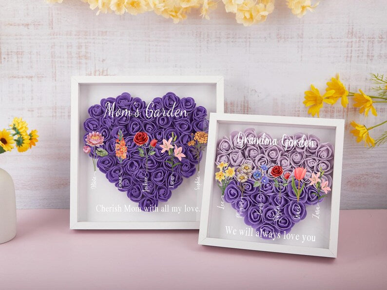 Personalized Mom garden Flower Shadow Box,Mother's Day Gift,Mom's Rose Frame Box,Flower Gift Box for Mom Grandma Nana,Birthday Gifts for Mom
