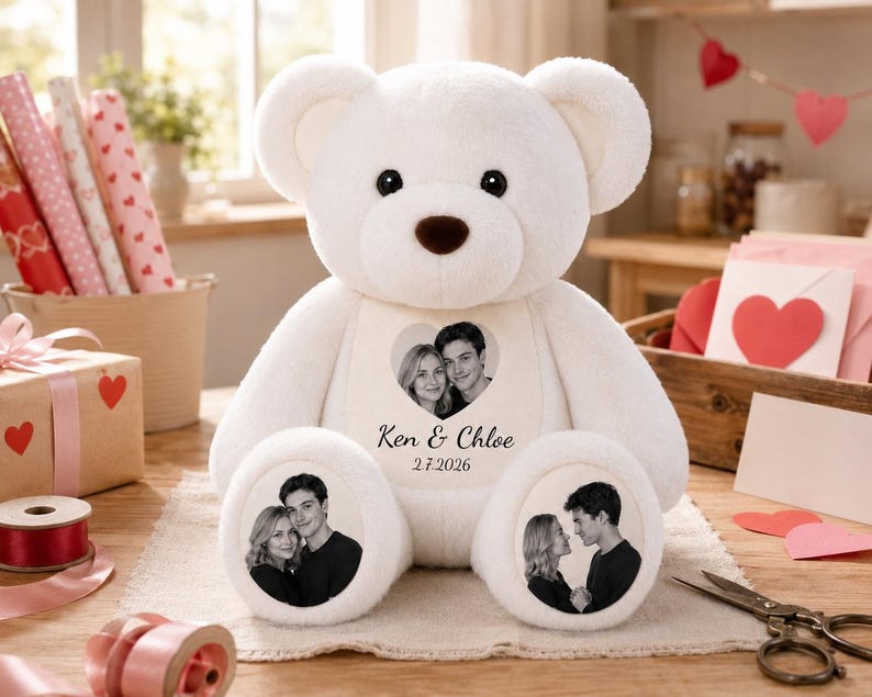 Personalized Photo Teddy Bear, Custom Couple Memory Plush, Anniversary Valentine Gift , Long Distance Relationship Keepsake
