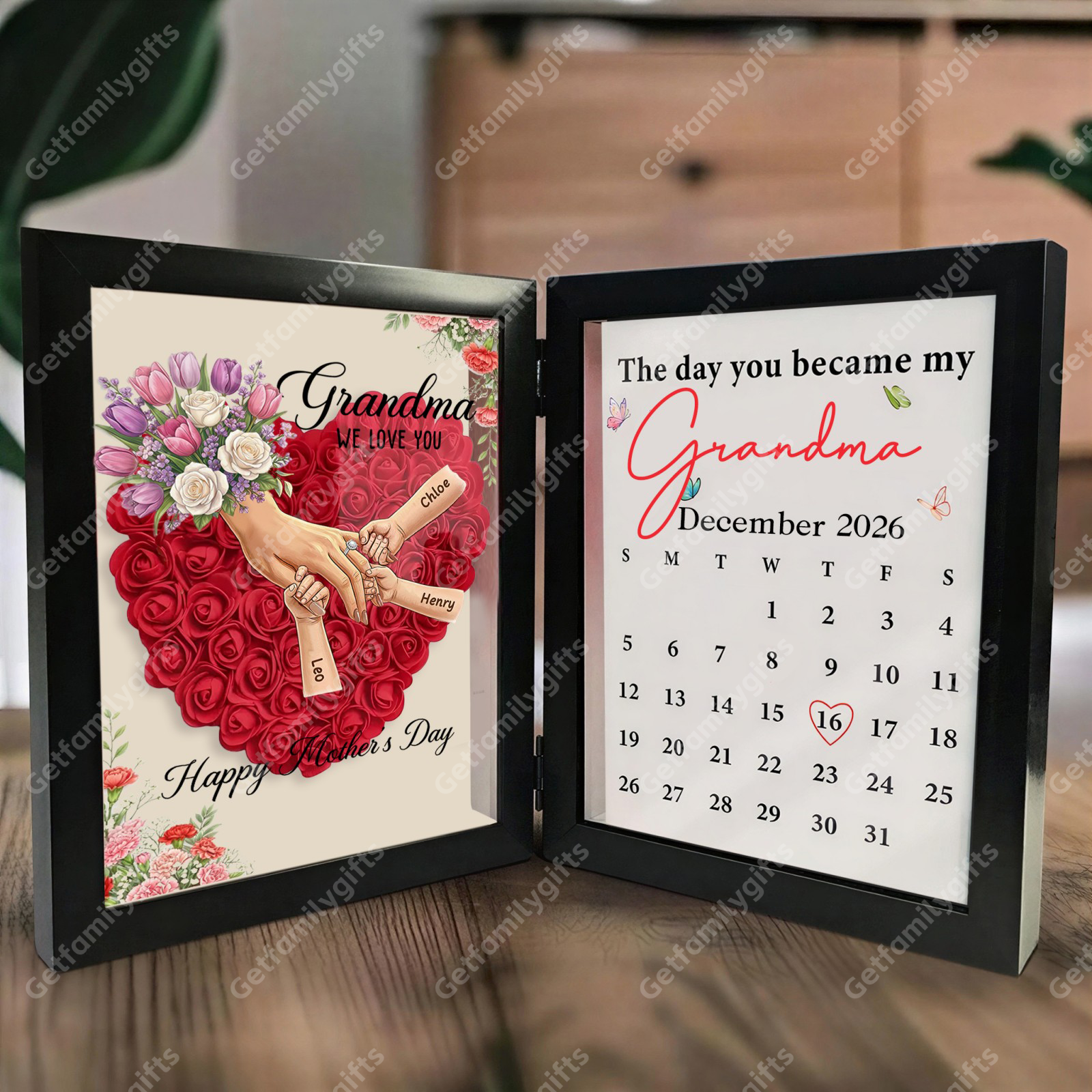 Personalized Mom Holding Hands Folding Flower Shadow Box with Calendar -Mother's Day Gift