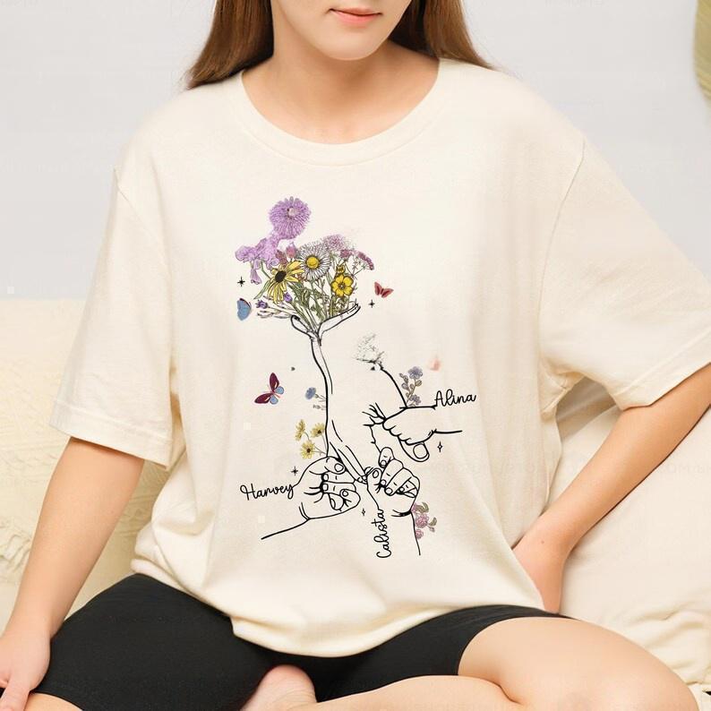 Custom Flower Holding Child's Hand Mother And Grandmother Shirt