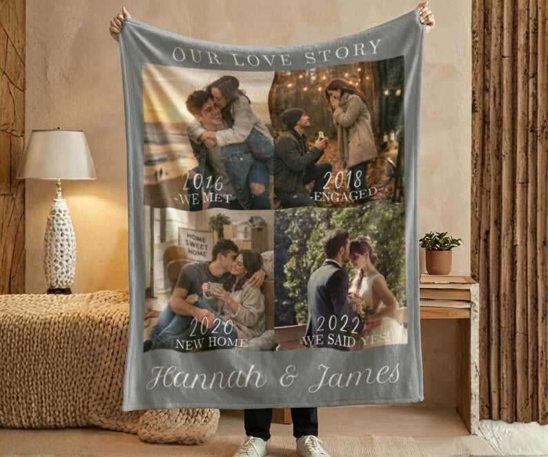 Custom Couple Timeline Blanket Personalized Love Story Photo Gift Wedding Anniversary Throw Long Distance Relationship Engagement Gift
