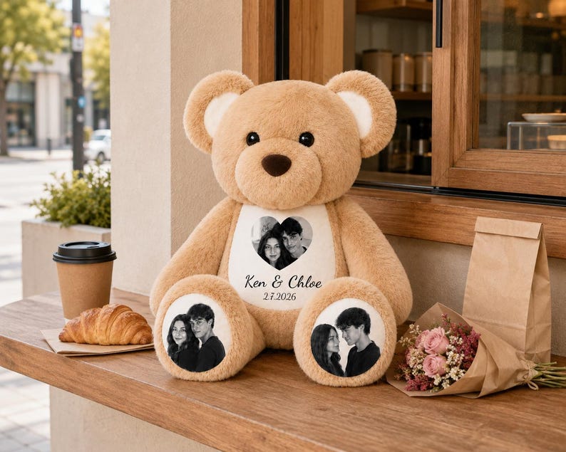 Personalized Photo Teddy Bear, Custom Couple Memory Plush, Anniversary Valentine Gift , Long Distance Relationship Keepsake