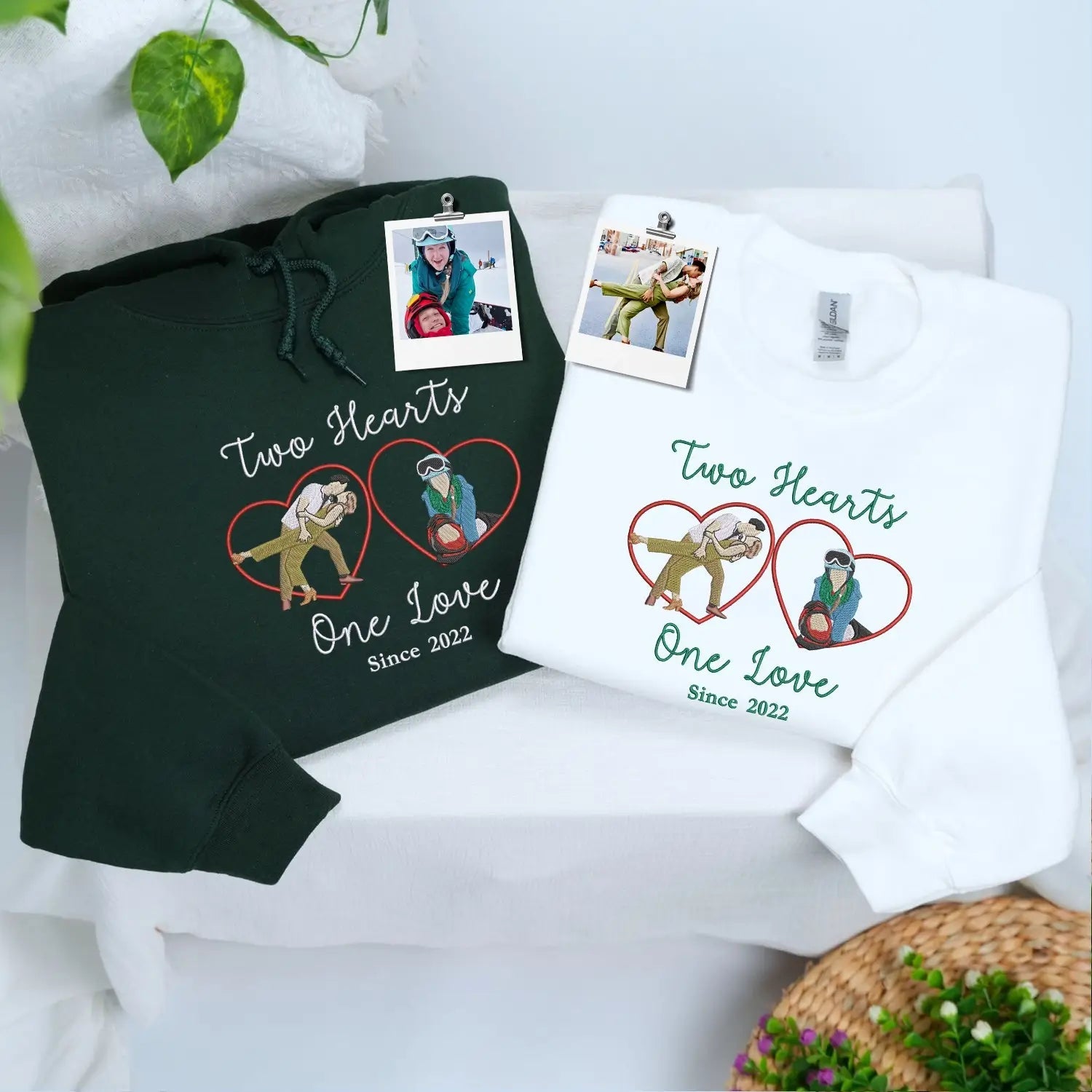 Custom Two Hearts One Love Sweatshirt or Hoodie with Embroidered Portrait from Photo
